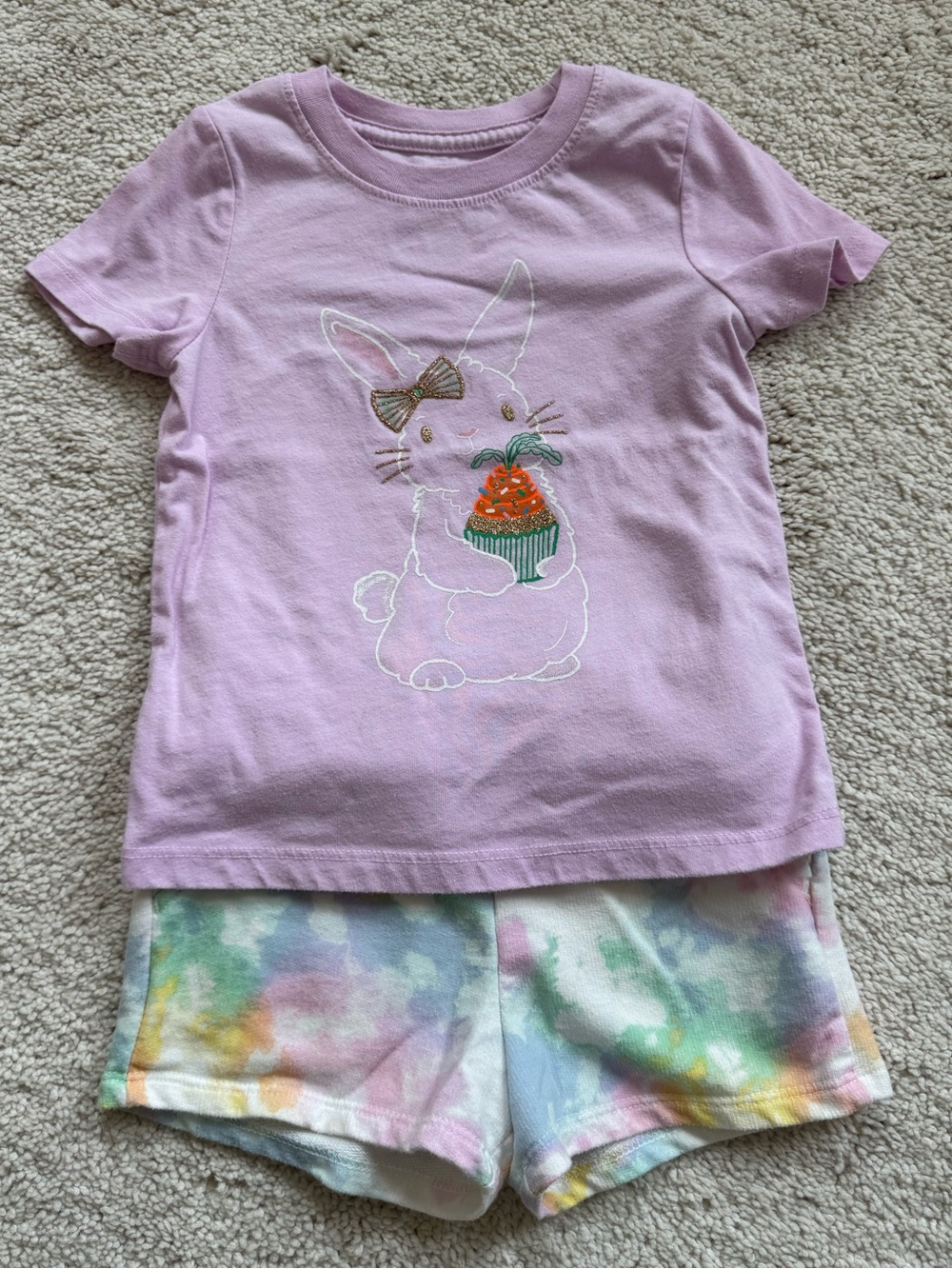 2T Pink Bunny Cupcake Tee & Tie-dye Shorts Set